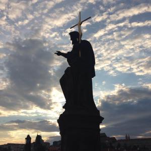 Scene from Charles Bridge at dusk
